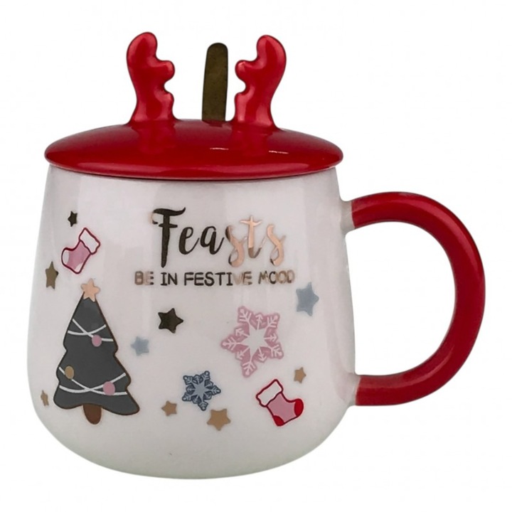 Set cana din ceramica cu capac si lingurita din metal, model ren si imprimeu Merry Christmas M4