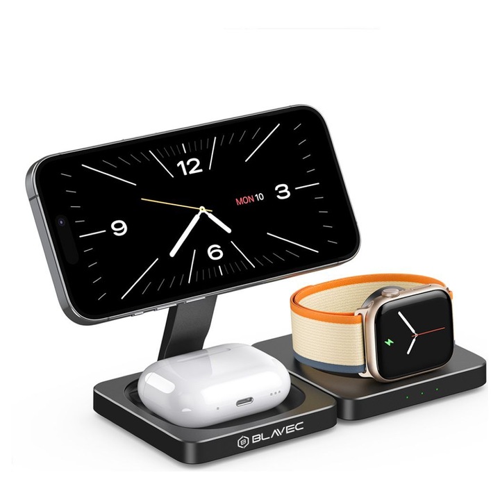 Statie de Incarcare Wireless 3in1, Blavec, 79x79x30mm, Negru