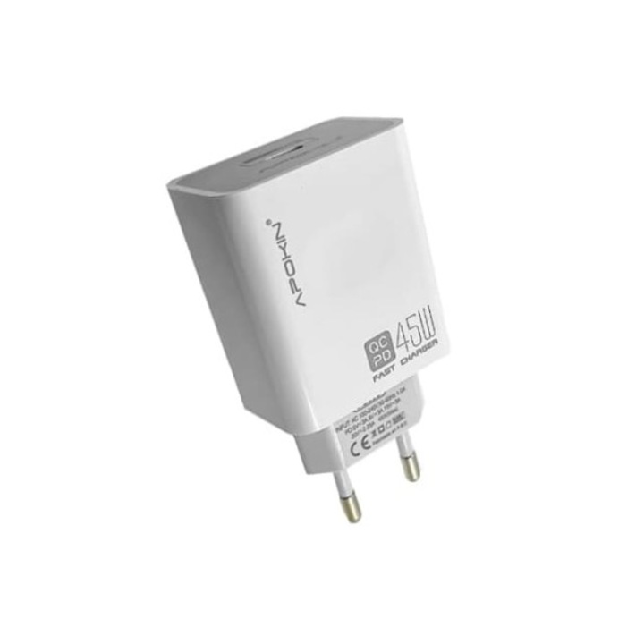 Incarcator rapid USB-C 45W, Apokin, 3A, alb