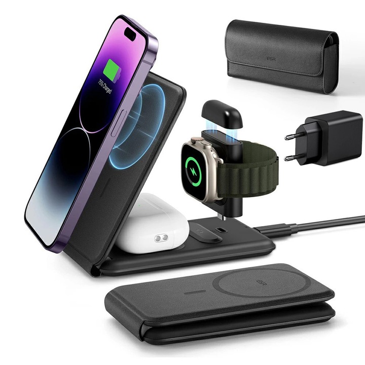 Set de incarcatoare wireless 3 in 1 ESR MagSafe, negru, pentru iPhone, Apple Watch si AirPods
