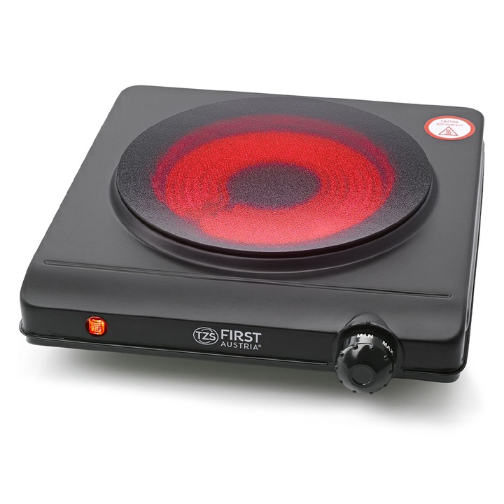 Plita infrarosu TZS First Austria 1250W, Vitroceramica, 1 zona, portabila, termostat reglabil, camping & bucatarie
