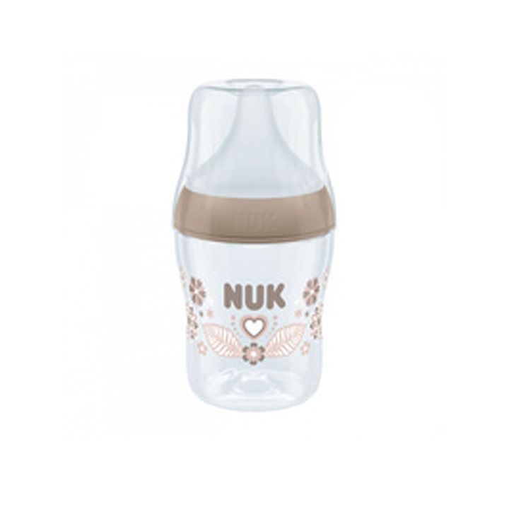 Biberon din polipropilena, cu tetina din silicon anticolici si senzor de temperatura, 150 ml Nuk Perfect Match Heart, 435907-2, Alb 0-3 luni