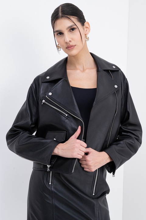 HUGO, Jacheta biker din piele Laridas, Negru