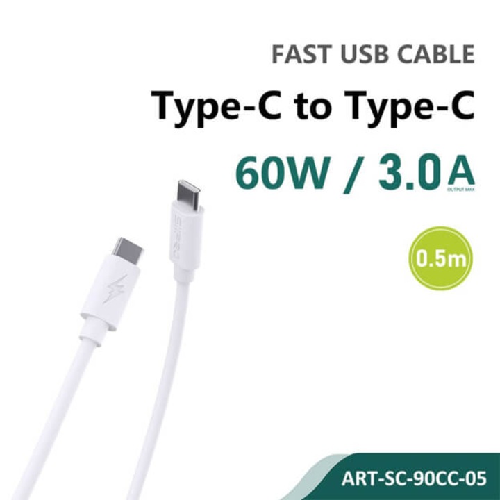 Cablu de date telefoane Siipro, USB-C la USB-C, 60W, 0,5m, alb