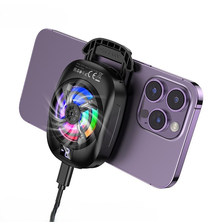 Racitor telefon mobil Hoco GM76 Blue Diamond, 6000 RPM, iluminare RGB, compatibil cu smartphone-uri 6.1"-7"