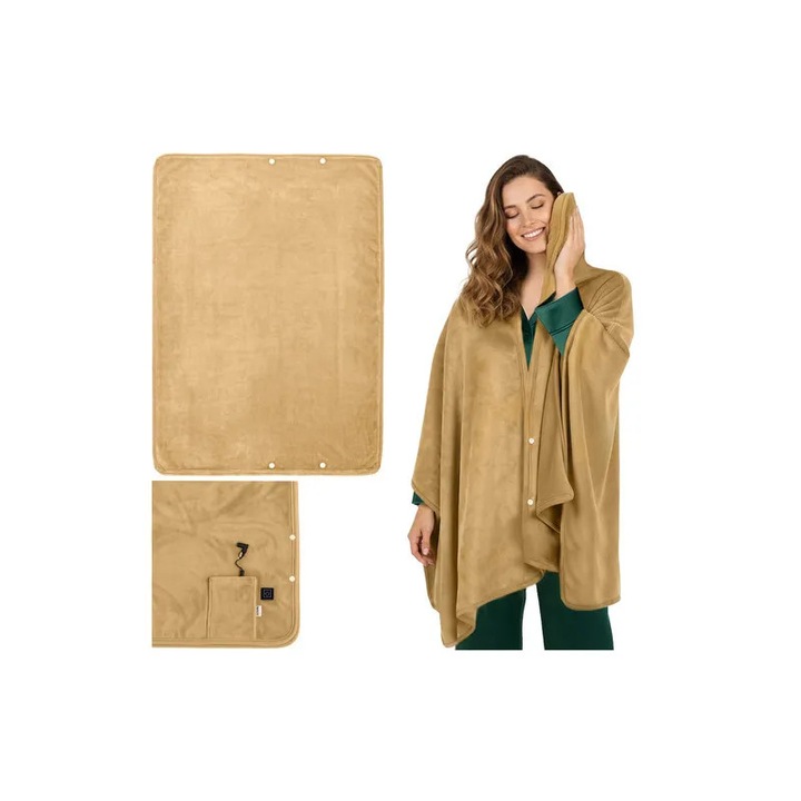 Patura electrica pentru spate si umeri, 160x90 cm, 3 trepte incalzire, alimentare baterie externa, bej
