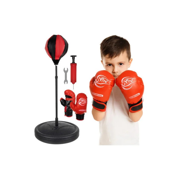 Gyerek bokszkészlet, labda és kesztyű, 3 az 1-ben pumpa, állítható magasság 70-104 cm, piros/fekete