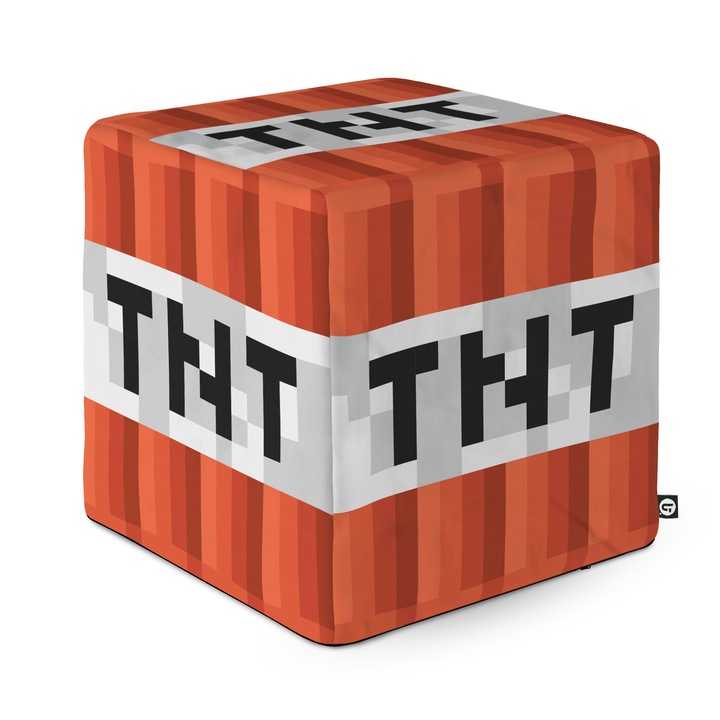 Taburet Updeco Cub XL, din burete, material textil, cu husa detasabila, dimensiune 45 x 45 x 45 cm, Minecraft Tnt
