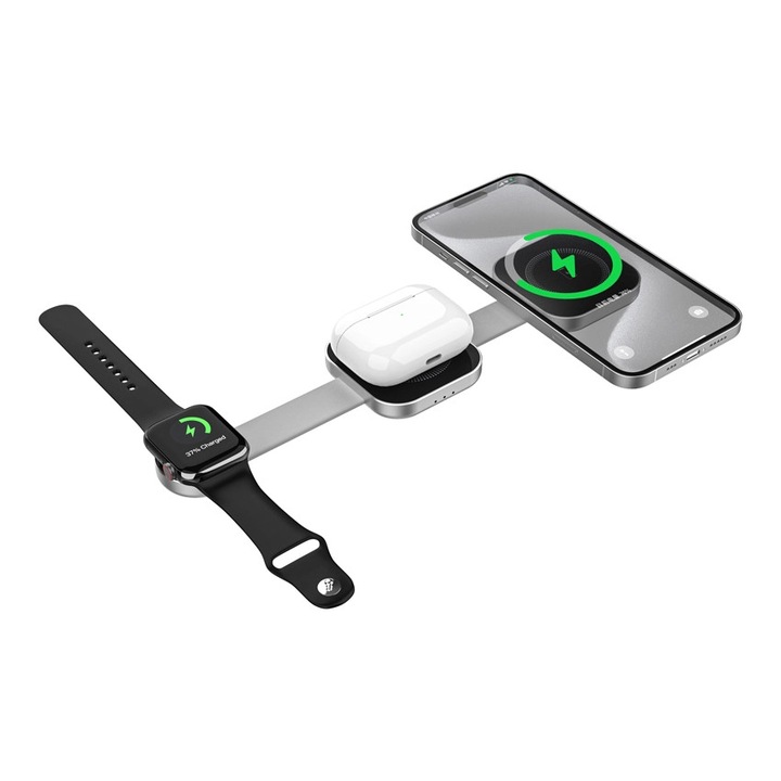 Incarcator wireless 3 in 1 WiWU Planeta Trio, gri, statie pliabila, pentru telefon, Apple Watch si Airpods