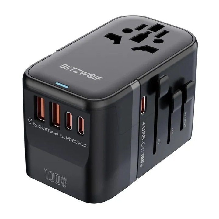 Blitzwolf BW-TA2 5-в-1 Адаптер за пътуване 2xUSB PD + 2xC QC + C GaN 100W