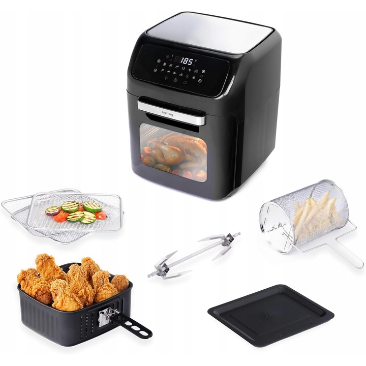 Friteuza cu aer cald Huslog Airfryer 12L 1800W, ecran tactil, XXL, accesorii, friteuza fara ulei, ecran digital, programe, fereastra de gatit, usor de curatat, gatit mai rapid, negru