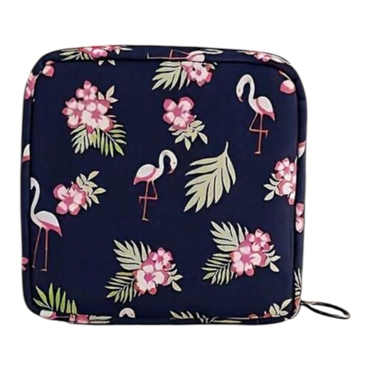 Geanta bleumarin depozitare aborbante cu fermoar, model flamingo, 12*12*5 cm
