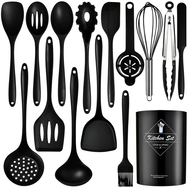 Set 15 Ustensile Bucatarie Onuvio® din Silicon Alimentar Premium, 920g, cu Suport – Spatule, Linguri, Polonic, Cleste, Tel, Fara BPA, Antiaderente, Compatibile Masina de Spalat Vase - Negru