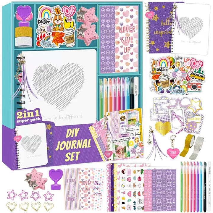 Set de jurnal DIY pentru fete, WALALLA, kit de jurnal DIY pentru scriere creativa, scrapbooking si arte si mestesuguri, cadou perfect pentru fete cu varsta cuprinsa intre 4 si 14 ani, violet