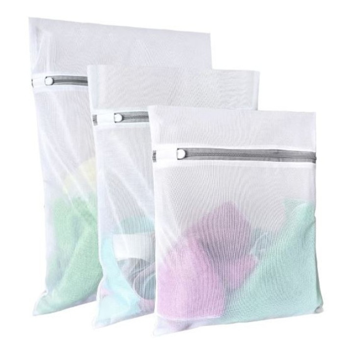 Set 3 genti de lenjerie pentru spalat, LRTM, 3 bucati 30x40cm Nylon, Alb