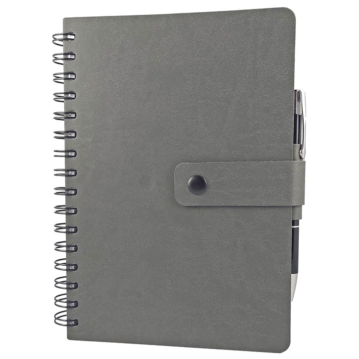 Agenda 2026, format A5, 15 x 21 cm, 336 pagini, cu coperta flexibila, din piele ecologica premium de culoare gri, inchidere cu clapa, legata cu spira, cu pix si buzunar interior