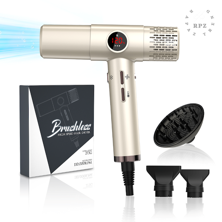 Професионален сешоар с отрицателни йони, RPZ AirPRO, Мощност 1800W, Сешоар, Безчетков мотор, 3 степени на скорост, 5 интензитета на температура, 110000RPM, 3 включени аксесоара – един дифузер и два концентратора, Цвят шампанско злато, ниско тегло