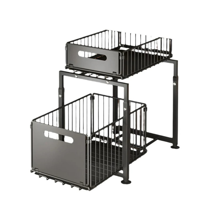 Разтегателен органайзер за шкаф на 2 нива, регулируем по височина кухненски рафт, рафт за съхранение под мивката, черен