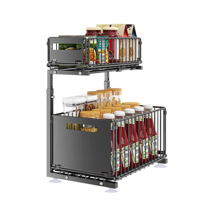 Kihúzható, 2 szintes mosogató alatti rendszerező, állítható magasságú tárolópolc konyhába, fűszertartó polc, 2 db kihúzható fiók, fekete