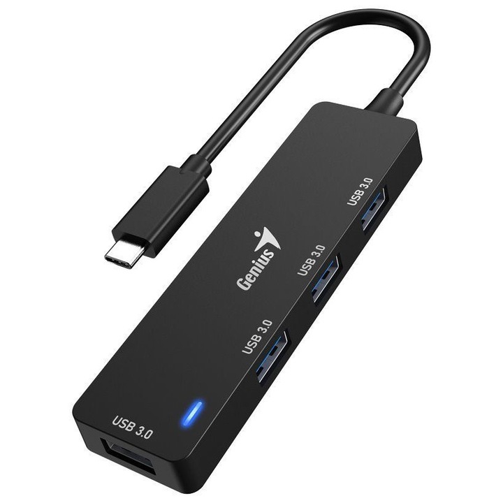 Genius UH-400 4 portos USB 3.0 HUB, USB-C bemenet, 4 x USB-A kimenet, fekete