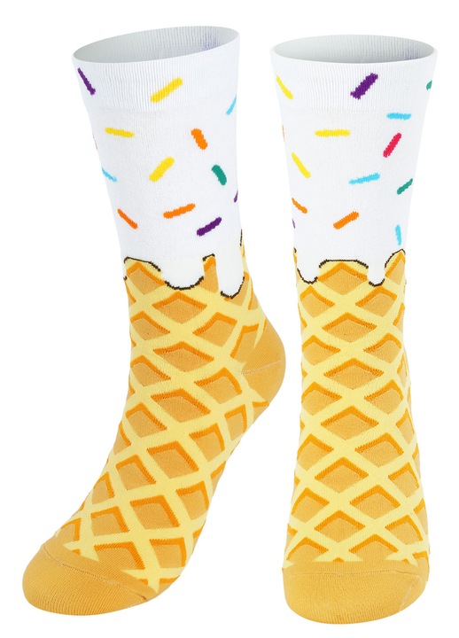 Sosete barbati Amuzant, GOGOU®, cu model inghetata, Unisex, Bumbac, Marime 36-43, Alb/Galben