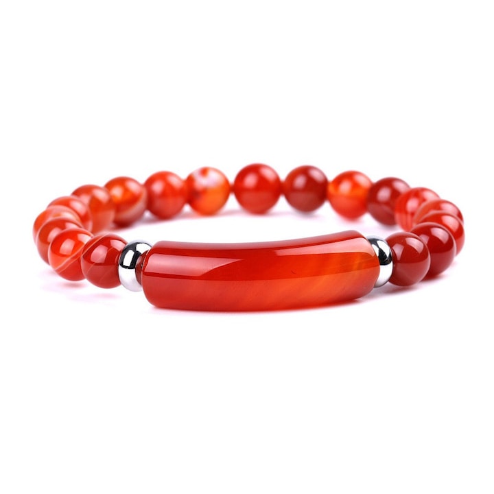 Естествена гривна от червен ахат на райета, висококачествен еластичен шнур, с кутия за бижута, 8 мм мъниста, 18 см, червена