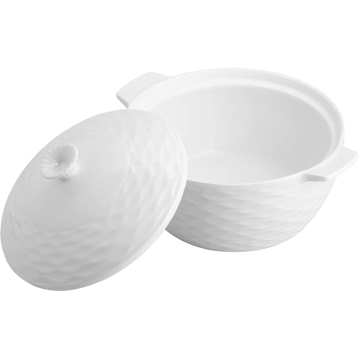 Supiera Ceramica cu Capac si Manere, Design 3D, Alb, 18x10cm, 2.5L