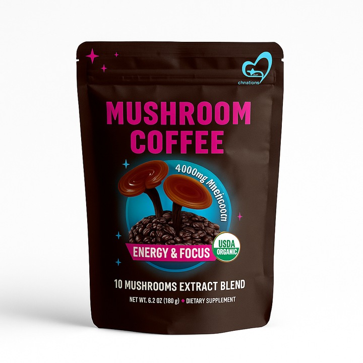 Cafea instant organica cu 10 tipuri de ciuperci, 4000 mg de ciuperci per portie, bautura energizanta pentru concentrare180g, claritate, ambalaj in punga