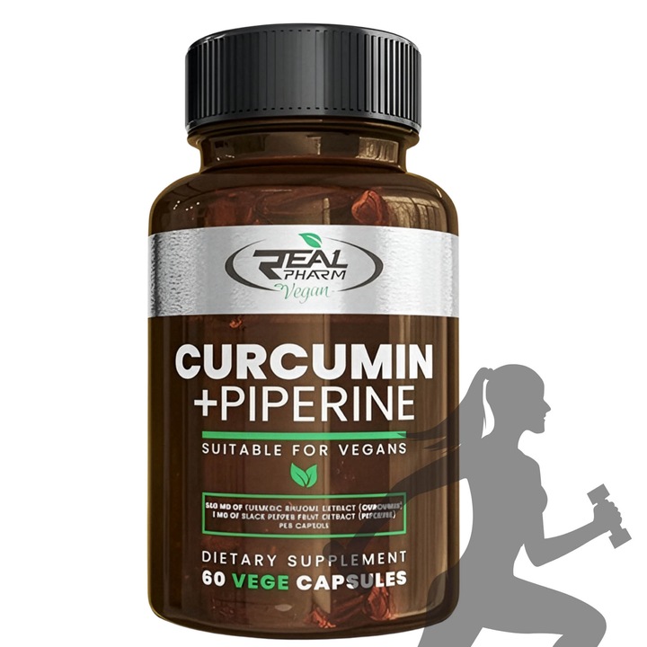 Curcumina + Piperina Real Pharm VEGE 60 Capsule – Extract Natural de Turmeric 500mg si Piper Negru 1mg, Supliment Antiinflamator si Antioxidant Puternic, Sustine Imunitatea si Sanatatea Generala