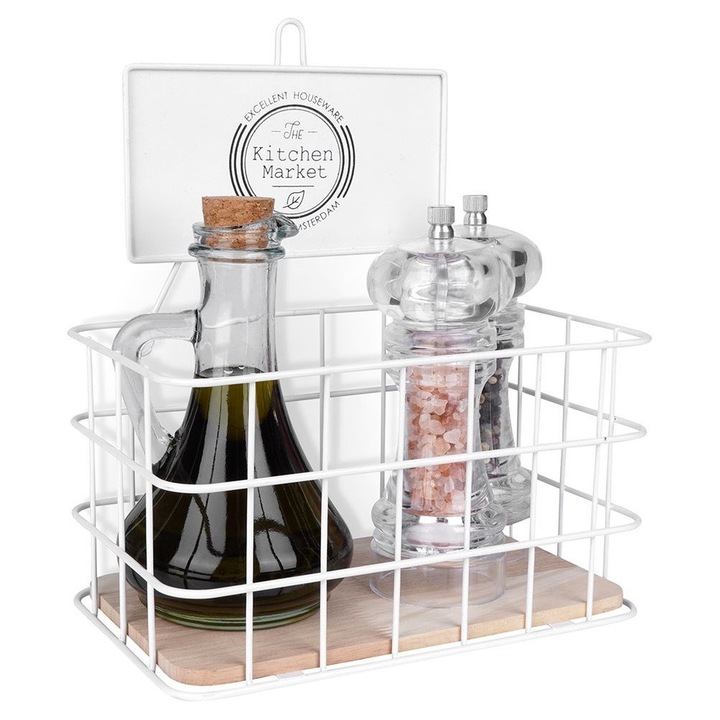 Raft de bucatarie metalic, EXCELLENT HOUSEWARE, 21x12,5x24 cm, alb, cu suport din lemn de stejar