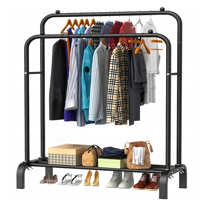 Suport metalic pentru haine Promagg® cu bara dubla si raft pentru incaltaminte – Negru, 110 x 55 x 145 cm