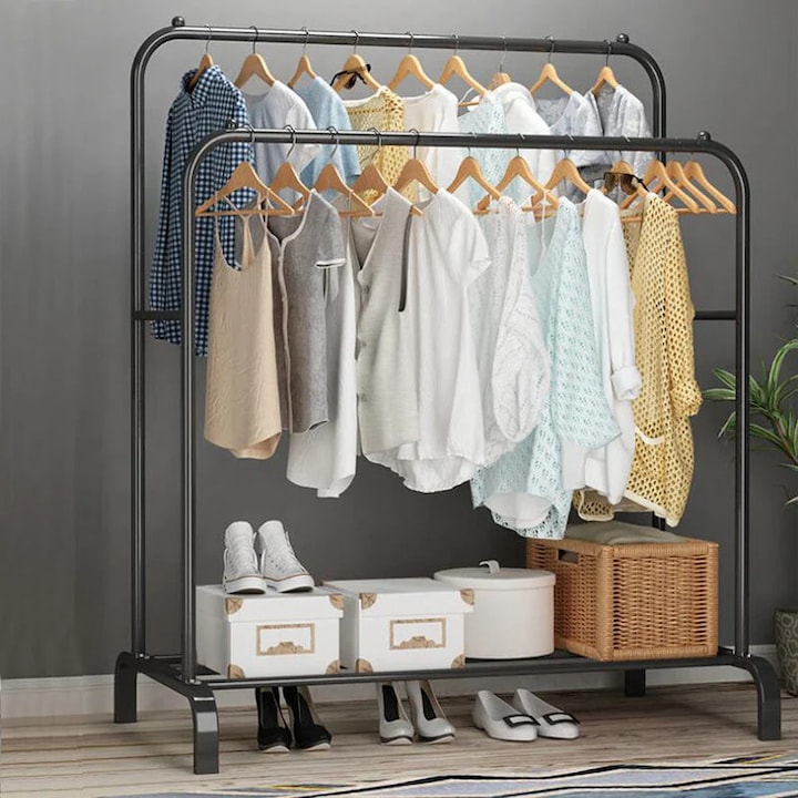 Стойка за дрехи Vivendo® Метална с 2 пръта, 8 странични куки и поставка за обувки, Модерна, Стабилна, Мултифункционална, Без колела, Черна