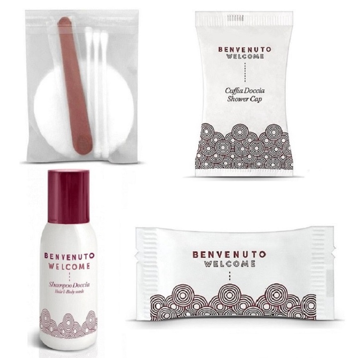 Set Cosmetice BENVENUTO pentru Hotel, compus din 50 x Sampon si Gel de Dus Hotelier 30 ml, 50 x Sapun Hotelier 10 g, 50 x Casca de Dus, 50 x Vanity Kit