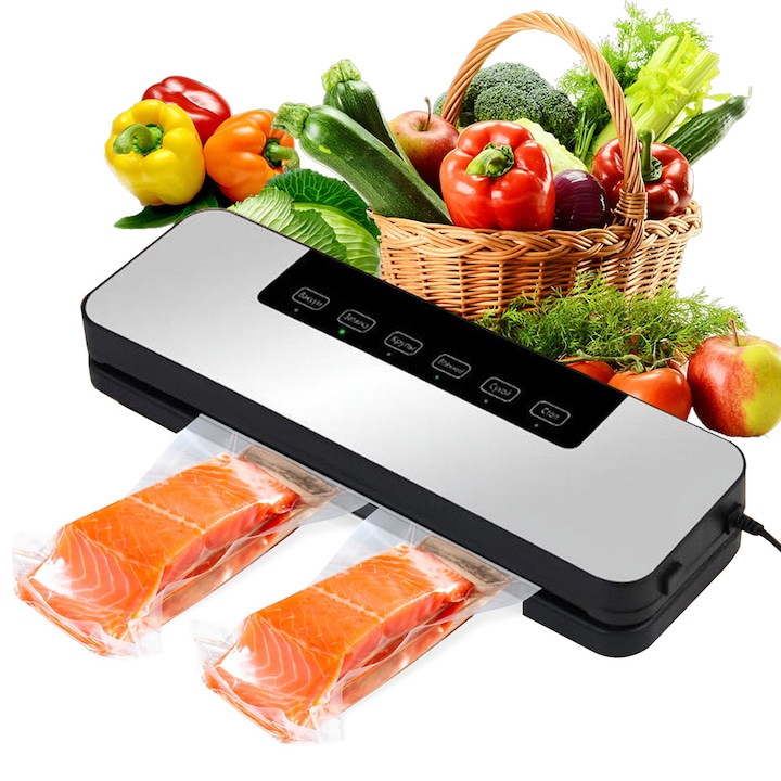 Aparat de Vidat si Sigilat Alimente IDAMAKON Set Aparat de vidat alimente Professional 120W 5 Functii Vid/Sigilare/Uscat/Umed 50 Pungi Incluse (20*25 cm) Panou de Comanda Tactil Cutter Incorporat Argintiu