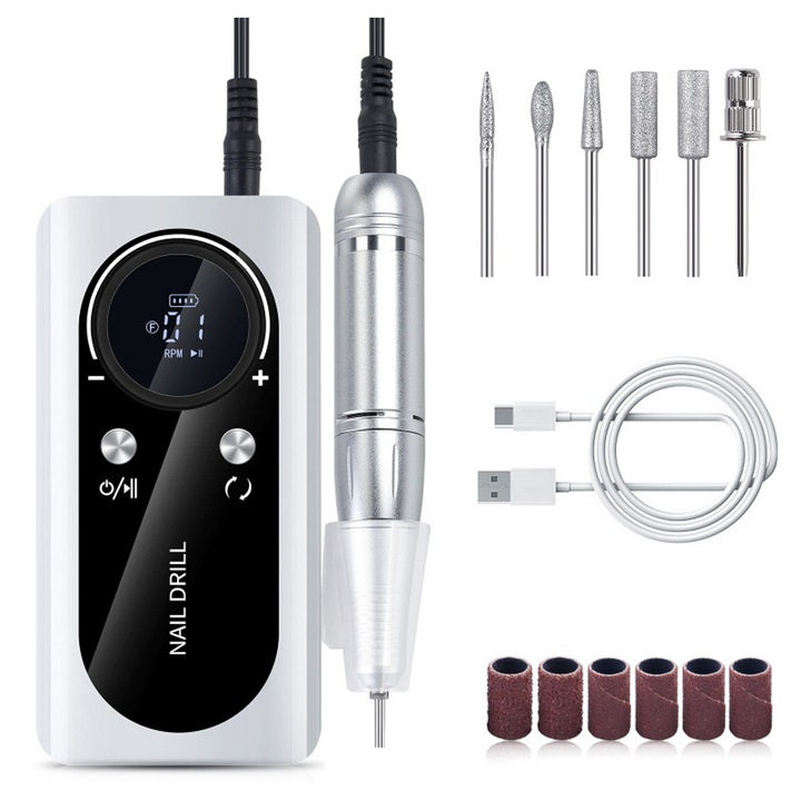 Електрическа пила за нокти, преносима, професионална IDAMAKON 45000RPM, 2000mAh с 6 накрайника за маникюр, педикюр, регулируема скорост, променяща посоката, LED дисплей, презареждаема, ергономичен дизайн, бяла