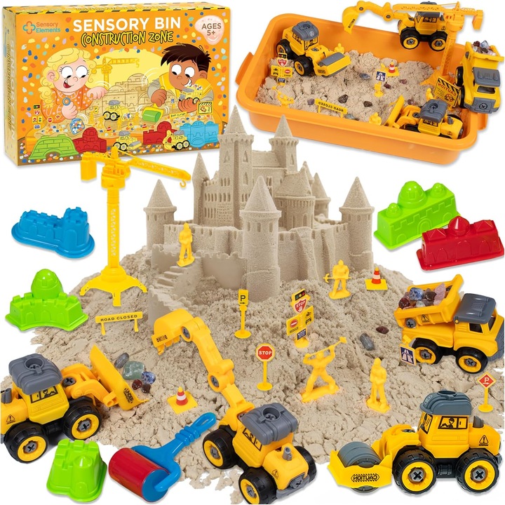 Sensory Bin Construction Zone, Sensory Elements, multicolor, cu nisip magic, vehicule de constructie si accesorii tematice