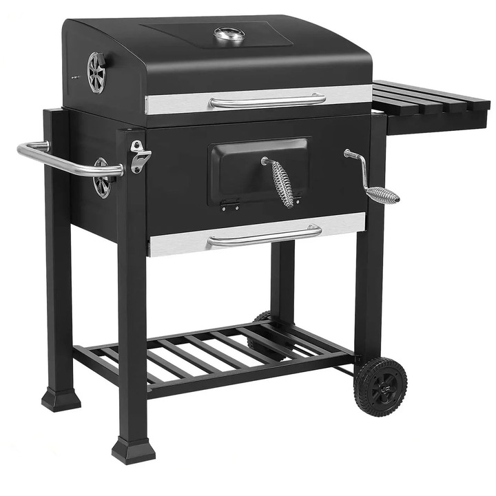 Faszéntartó grillkocsi, állítható szellőzőnyílások, hőmérő, polcok, fekete