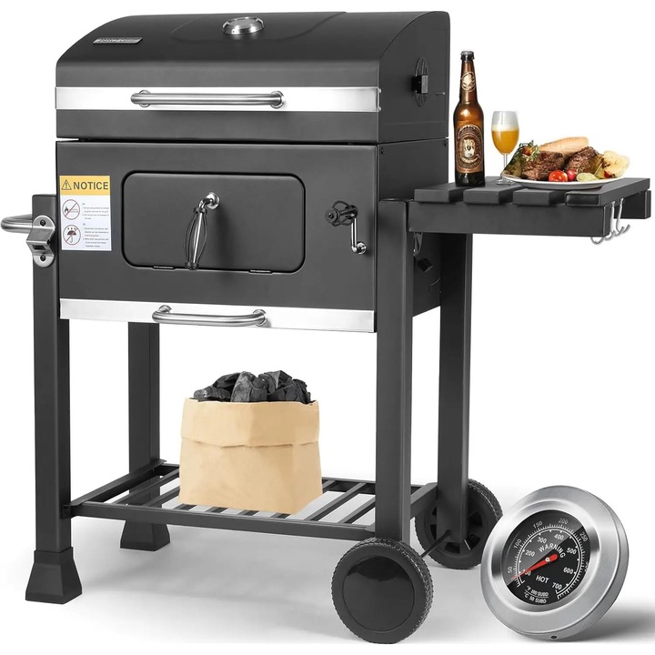 BBQ faszenes grill, Grill Trolley Charcoal XXL, 116 x 55,7 x 100 cm, Elektrosztatikusan festett acél, CE tanúsítvány, Kerekekkel, 5-10 fő részére