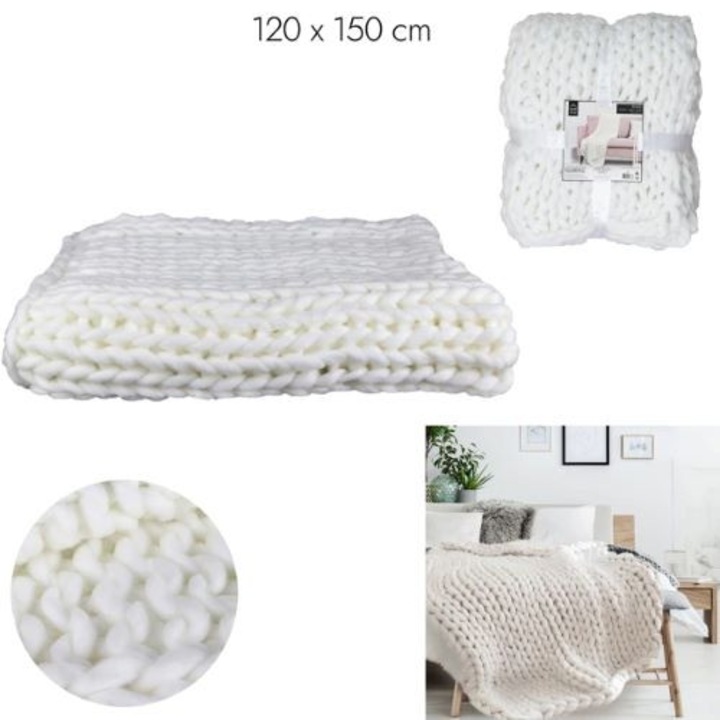 Patura, calduroasa, moale, groasa, tricotata, model impletit alb ecru 120x150cm