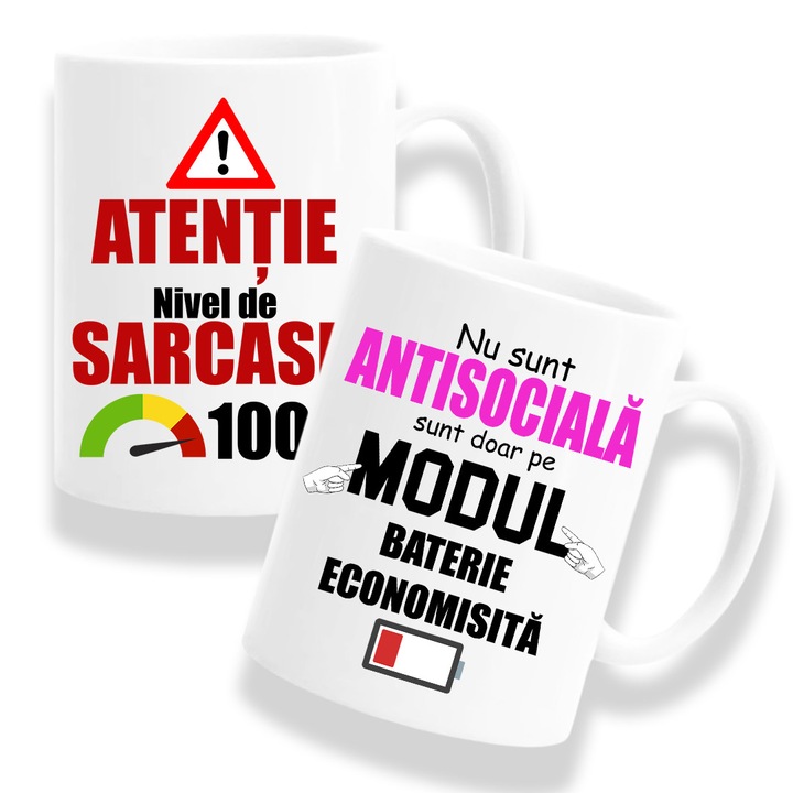 Set 2 cani cu mesaj amuzant:"Atentie sarcasm, Antisociala", Betaprint, ceramica, alba, 330ml