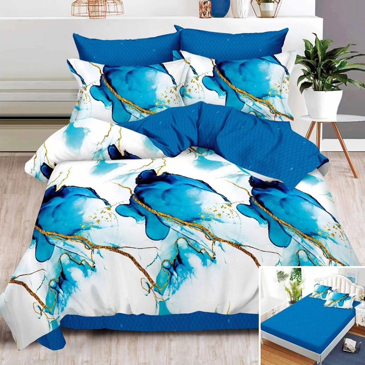 Lenjerie de pat, 2 persoane, finet, 6 piese, cu elastic, albastru si alb, cu imprimeu albastru, LEL365