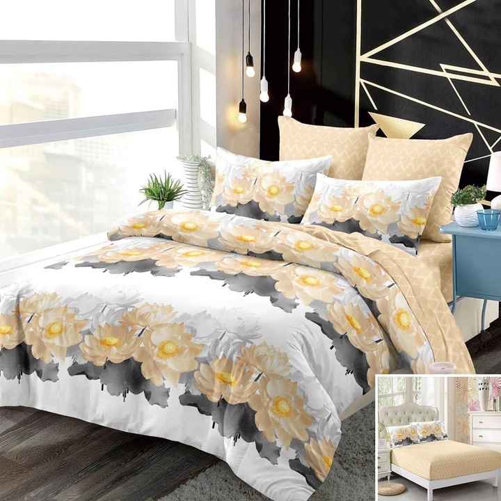 Lenjerie de pat, 2 persoane, finet, 6 piese, cu elastic, alb si crem, cu floricele, LEL420