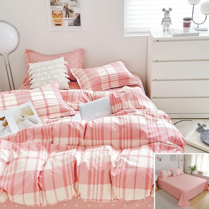 Set lenjerie de pat 2 persoane, finet, carouri alb și roz, 6 piese, 180x200cm, 200x230cm, 50x70cm și 75x75cm