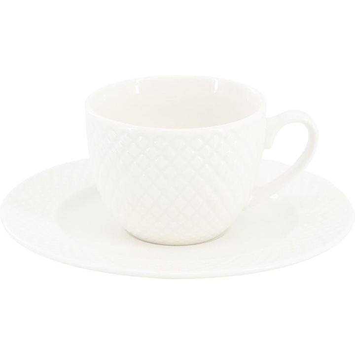 Set Cesti si Farfurii, Ceramica, Alb Lucios, Geometric, 12 Piese, 85ml