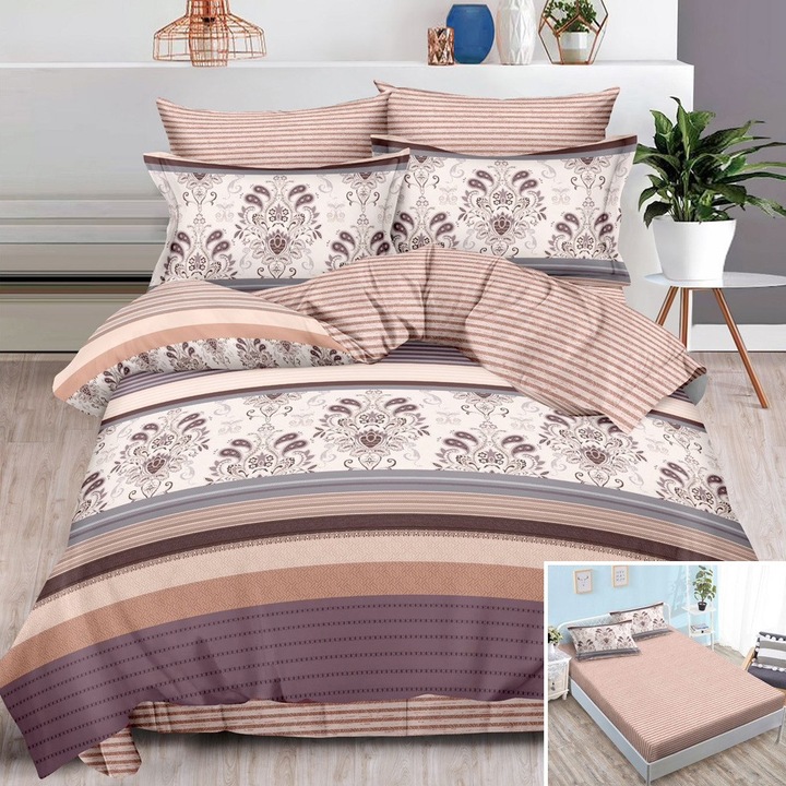 Lenjerie de pat, 6 piese, finet, cearceaf cu elastic, maro alb crem, 180x200cm, 200x230cm