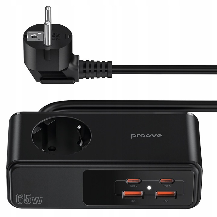 Разклонител, Proove, Homester Pro, 1.5 м, 2500 W, 1x AC (ЕС), 2x USB, 2x USB-C, черен, PC материал, защита от пренапрежение, бързо зареждане 65W, интелигентна защита