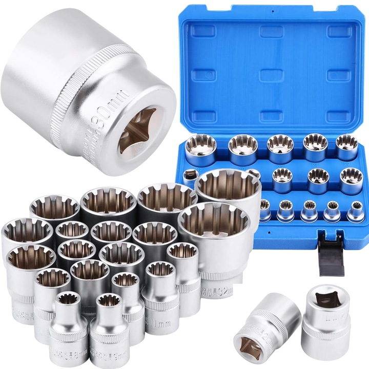 Set tubulare manuale 1/2”, 12 fete, 38–48mm, 21 piese, cu valiza