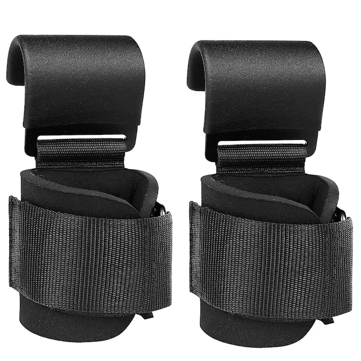 Set 2 chingi pentru ridicare greutati cu carlig, Bratara de compresie de asistenta pentru exercitii fizice, spuma de inalta densitate + nailon, potrivita pentru bar si masini de exercitii mari, negru