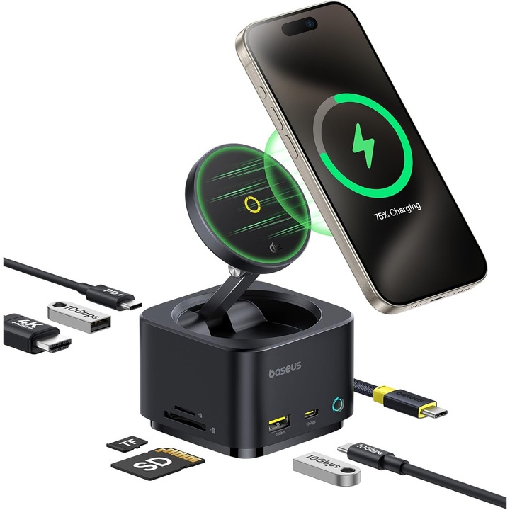 Statie de andocare 7 in 1 cu incarcator wireless Magsafe Qi2 15W, port HDMI 4K @ 60Hz, USB-C 100W PD, USB A 3.2 10 Gbps, slot card SD/TF, compatibil cu iPhone 16/15/Mac/Dell/HP/Surface