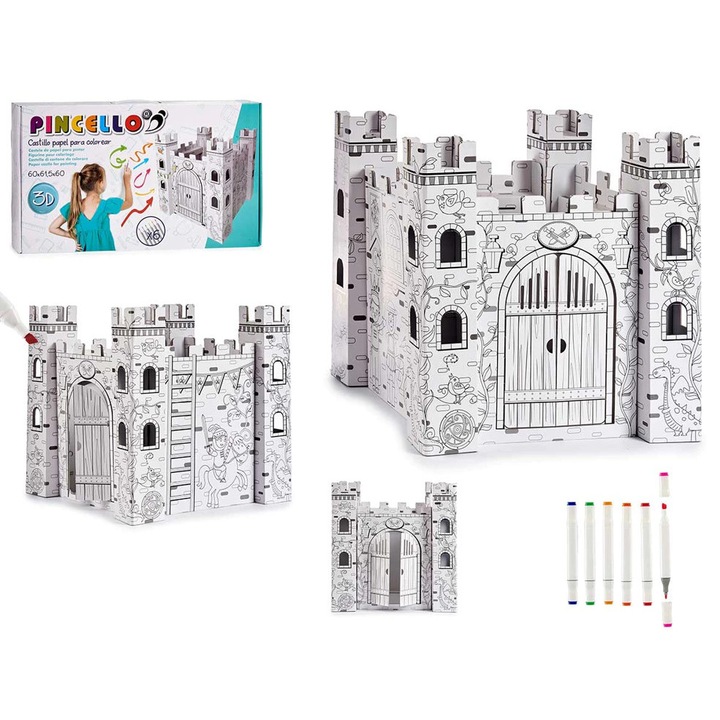 Set Castel din Hartie de Colorat cu 6 Carioci – Craft Creativ 3D pentru Copii